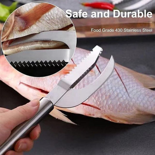 Fish scaler being used on a fish with text 'Safe and Durable' and 'Food Grade 430 Stainless Steel'.