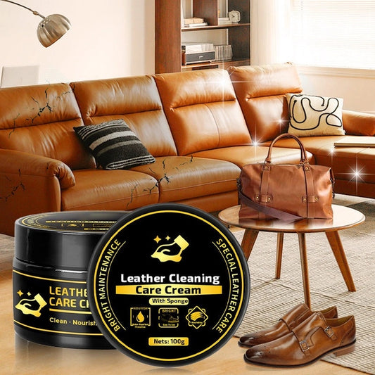 Leather care product with a brown leather sofa and shoes in a living room setting.