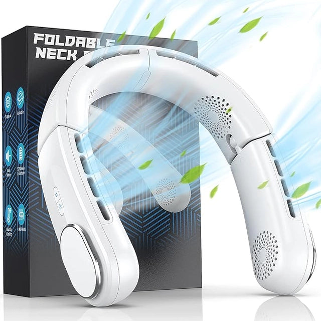 Foldable neck fan with packaging on a white background