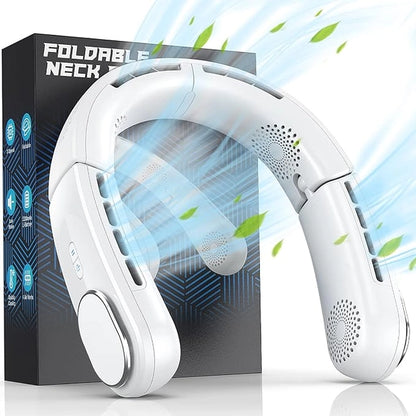 Foldable neck fan with packaging on a white background