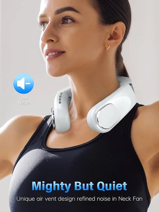 Woman wearing a neck fan with a minimal background