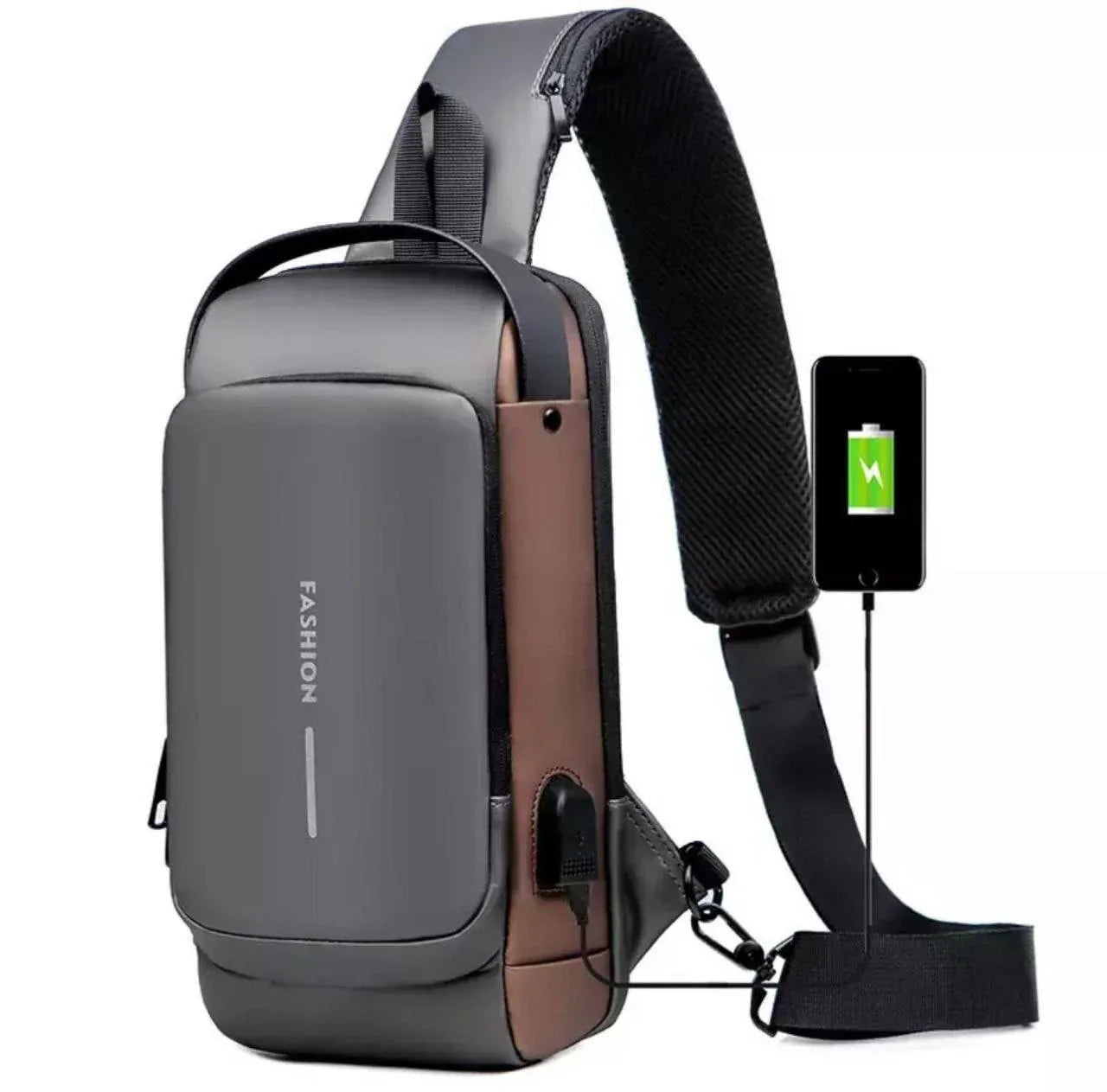 Sling backpack with USB charging port and phone connected, modern design, grey and brown color