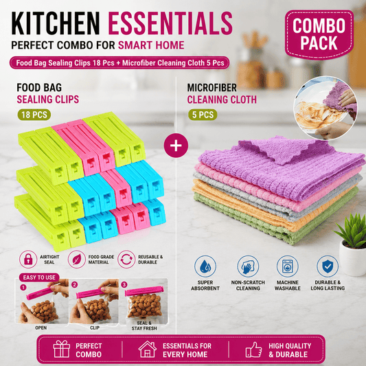 Kitchen essentials combo pack with food bag sealing clips and microfiber cleaning cloths on a white background.