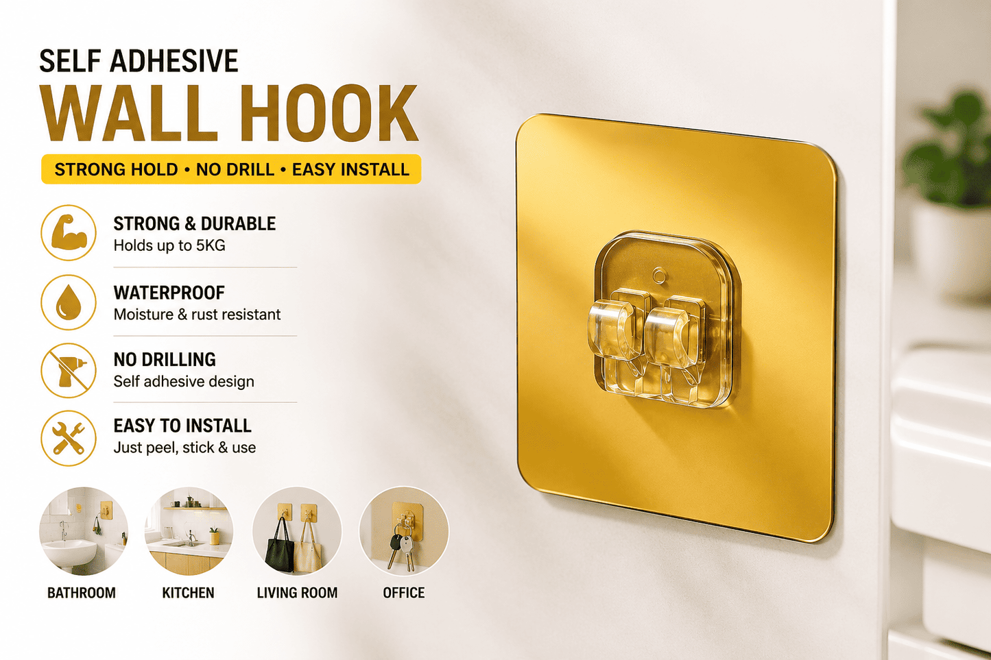 Adhesive Waterproof Reusable Wall Hook | No-Drill Seamless Utility Hook | Pack of 10