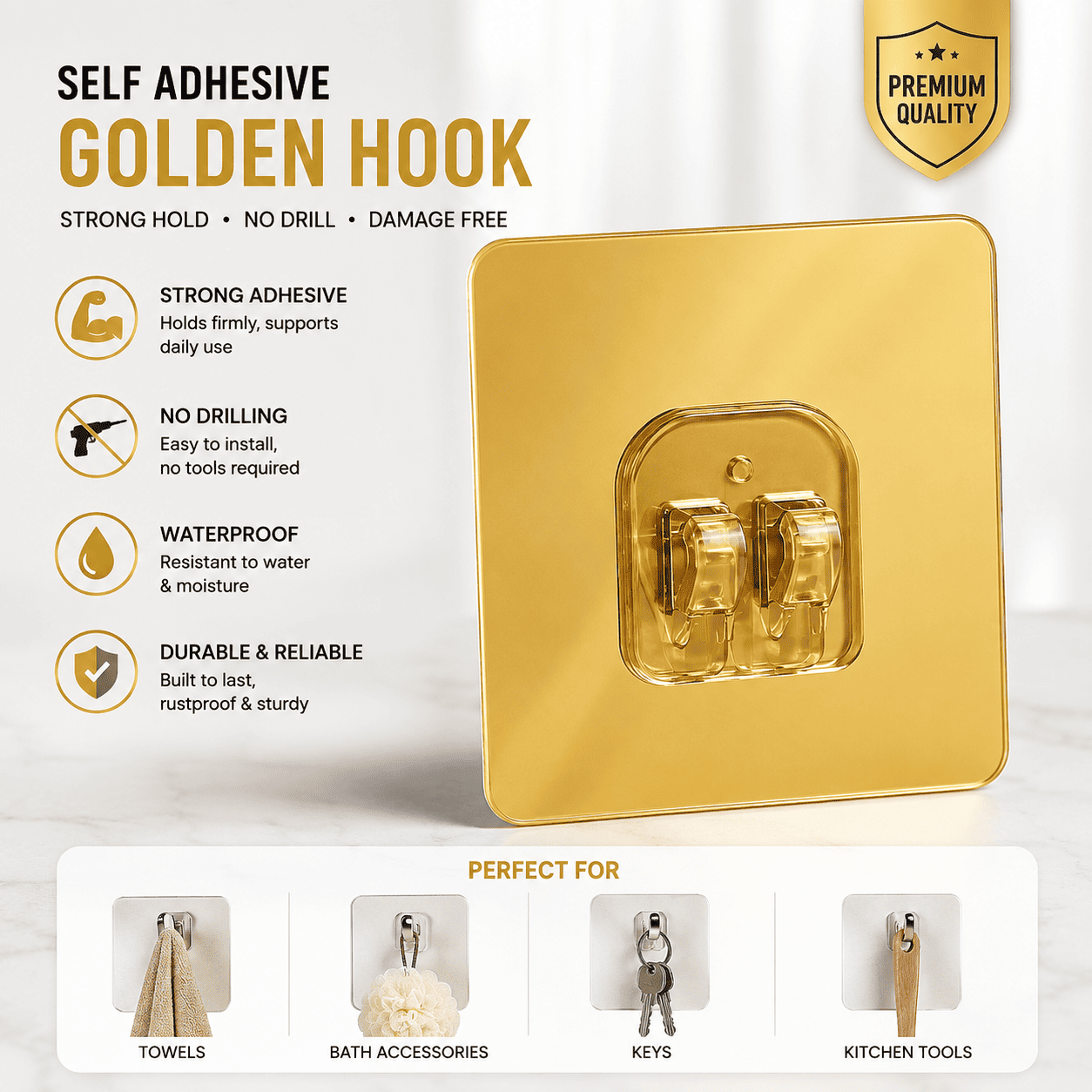 Adhesive Waterproof Reusable Wall Hook | No-Drill Seamless Utility Hook | Pack of 10