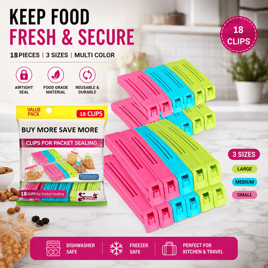 Colorful clips for packet sealing with packaging on a kitchen counter.