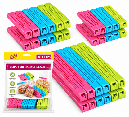 Colorful clips for packet sealing with packaging on a white background