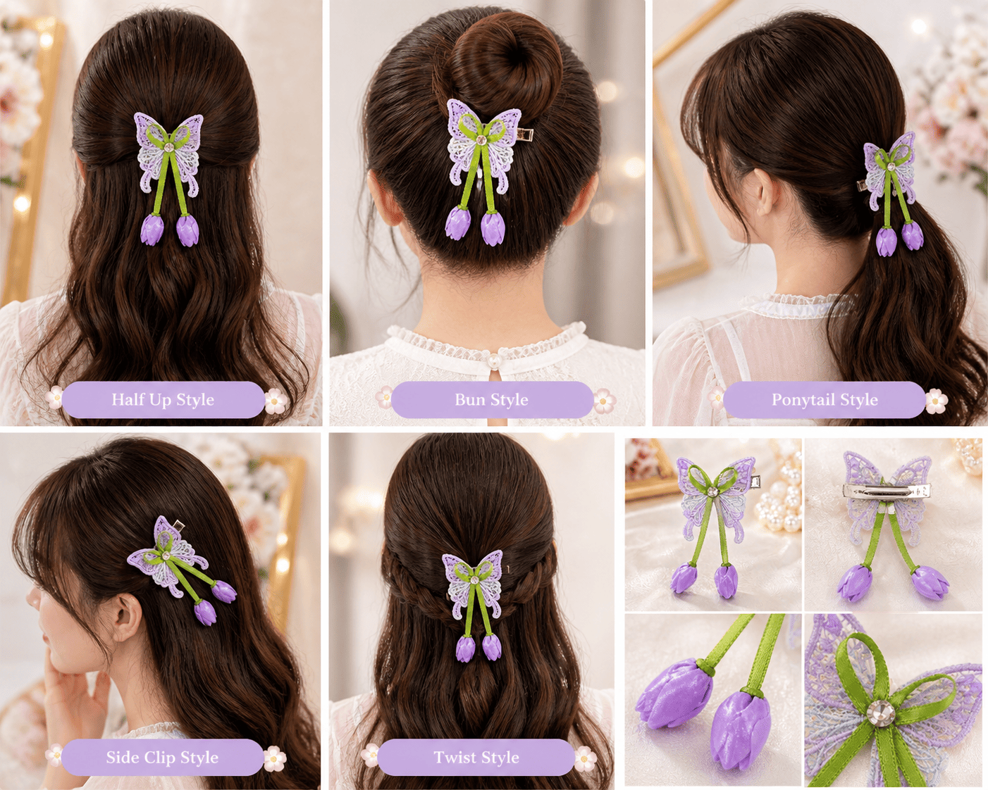 Butterfly Hair Clip for Women & Girls | Floral Tulip Design Cute Hair Pin with Strong Grip-Azarbex™