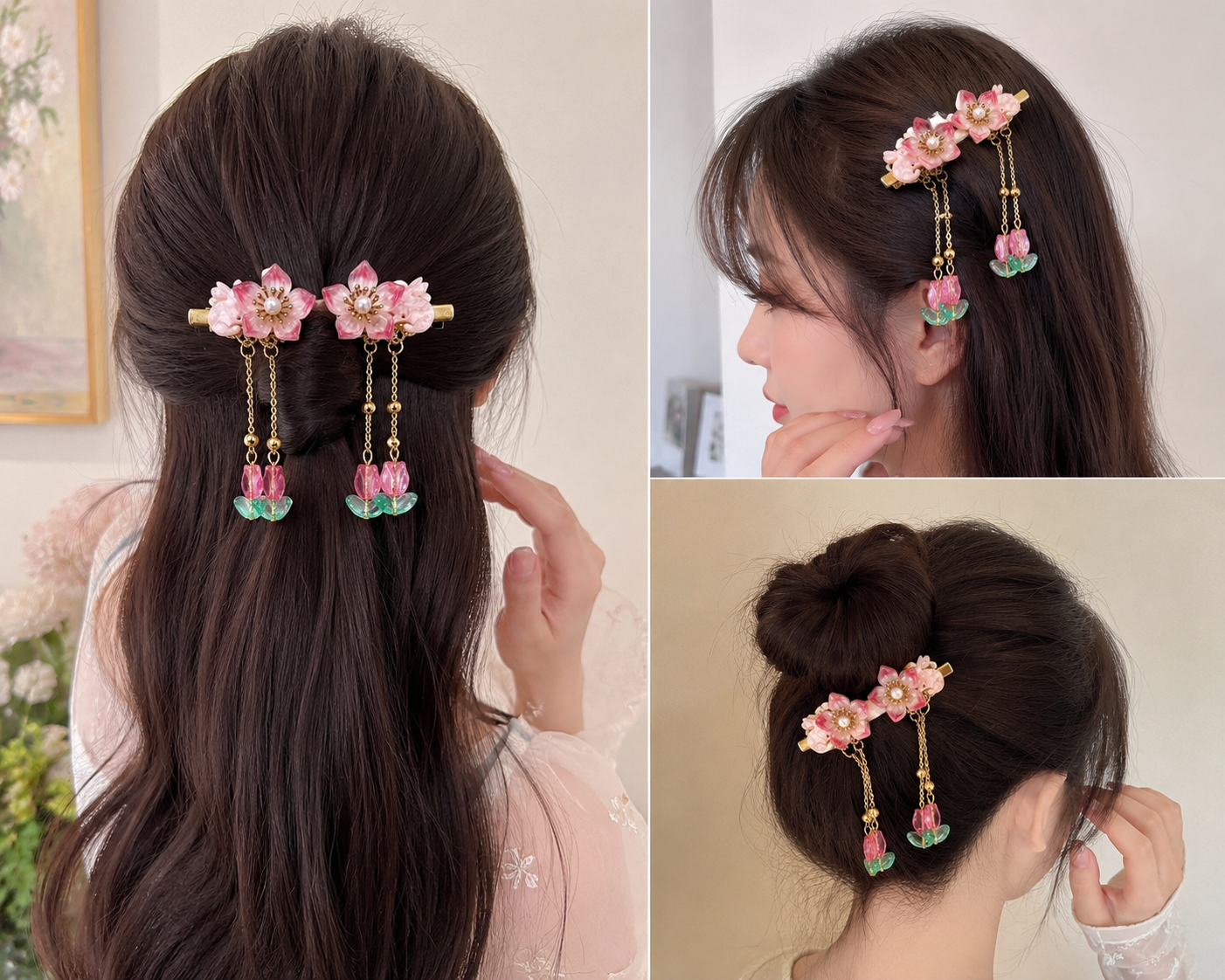 Sakura Flower Hair Clips | Pearl & Tassel Barrette – Azarbex