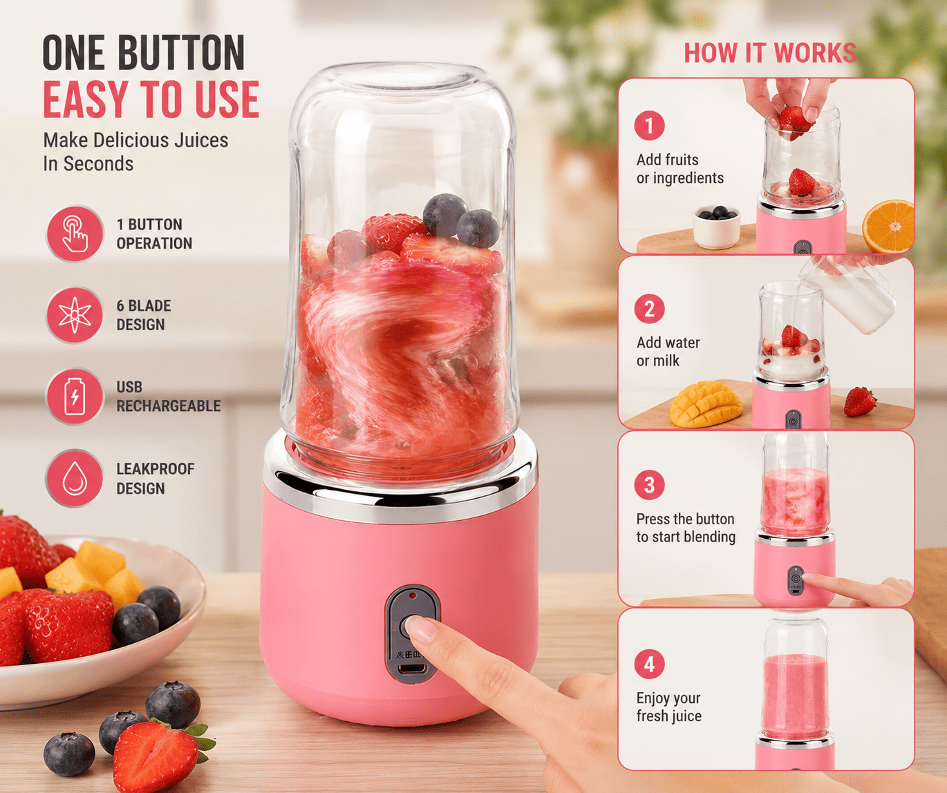 Pink portable blender with ingredients and instructions on a wooden surface