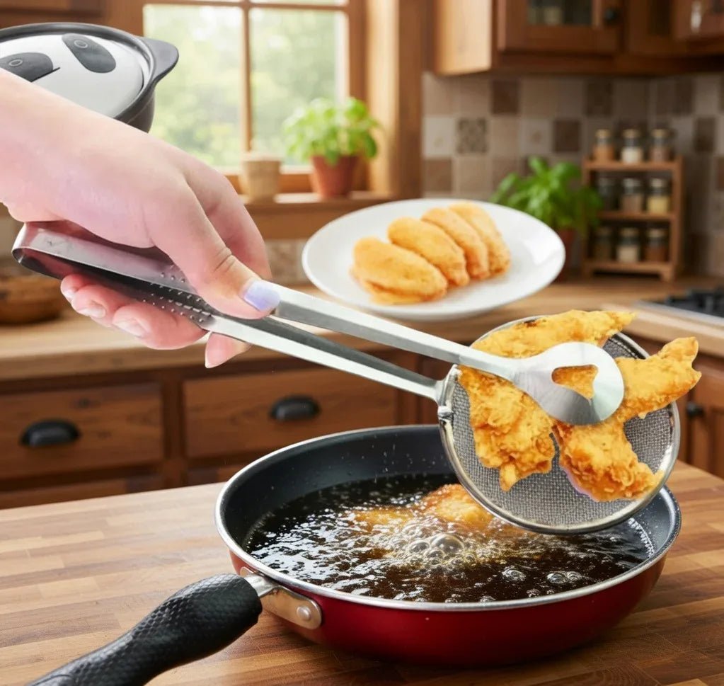 2 in 1 stainless steel oil frying filter spoon with clip kitchen strainer - Azarbex
