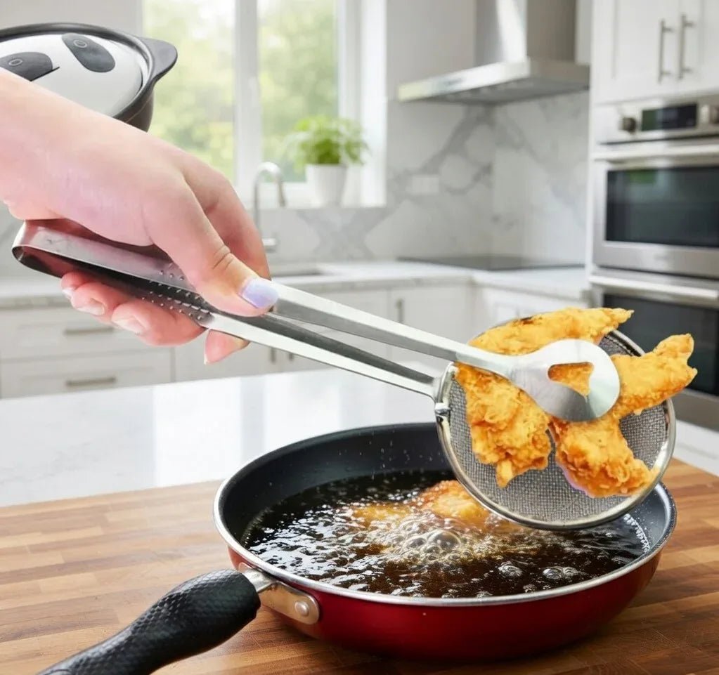 2 in 1 stainless steel oil frying filter spoon with clip kitchen strainer - Azarbex