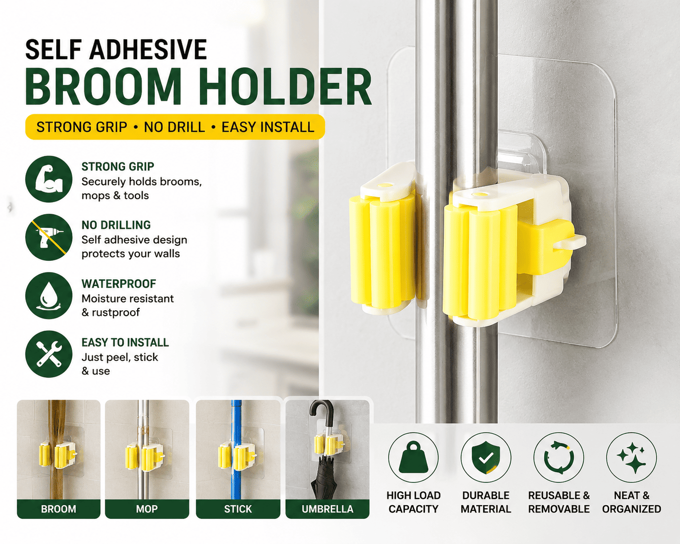Complete Adhesive Wall Hook Kit | Mop Holder (Set of 4) + Frame Hooks (Pack of 10) + Flower Hooks (Set of 10) – Azarbex