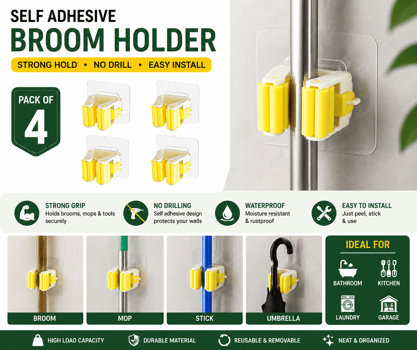 Self Adhesive Mop & Broom Holder | Set of 4 – No Drill, Waterproof Wall Mount – Azarbe
