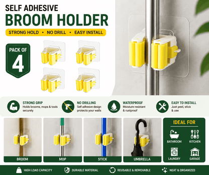 Self Adhesive Mop & Broom Holder | Set of 4 – No Drill, Waterproof Wall Mount – Azarbe