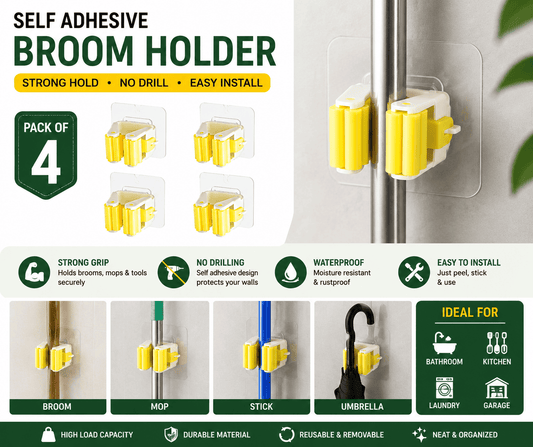 Self Adhesive Mop & Broom Holder | Set of 4 – No Drill, Waterproof Wall Mount – Azarbe