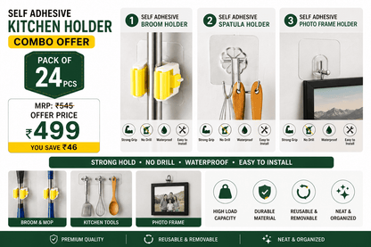 Complete Adhesive Wall Hook Kit | Mop Holder (Set of 4) + Frame Hooks (Pack of 10) + Flower Hooks (Set of 10) – Azarbex