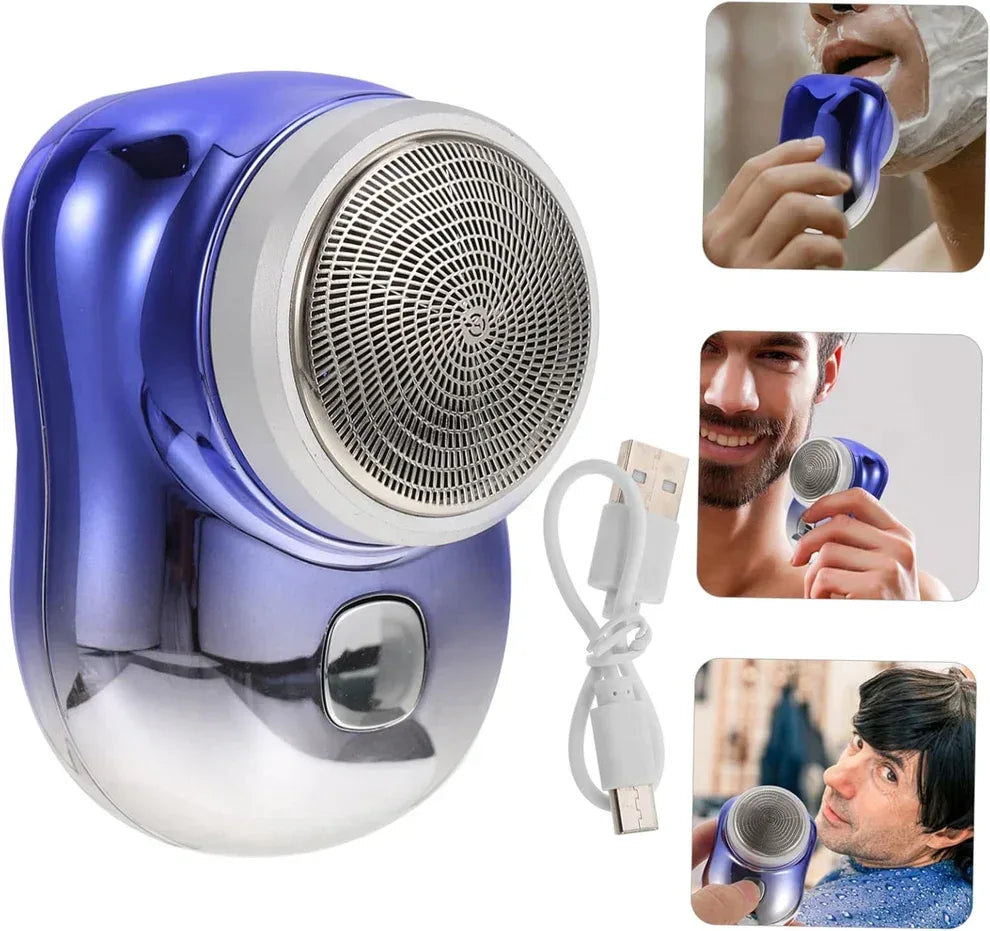 Electric shaver with USB charger for men, shown in use for beard and facial hair grooming
