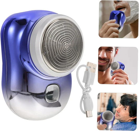 Electric shaver with USB charger for men, shown in use for beard and facial hair grooming