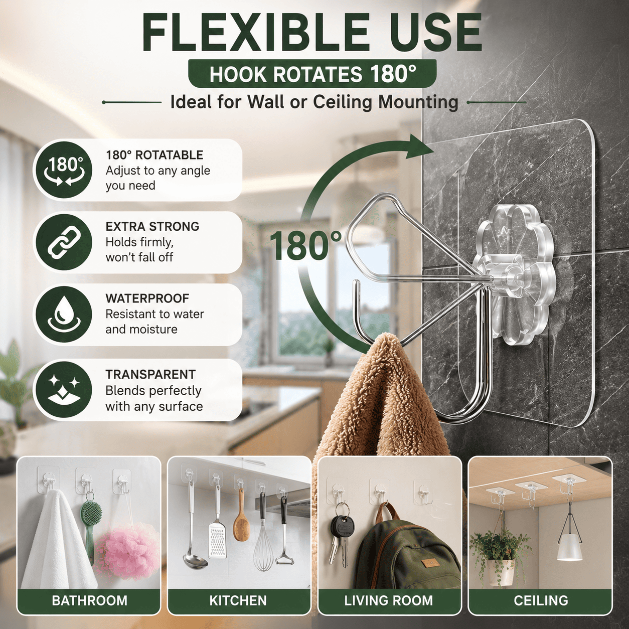 Flower Adhesive Wall Hooks | Set of 20 – No Drill, Waterproof, Transparent – Azarbex